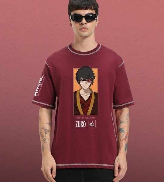 Men’s Maroon Printed Oversized T-shirt