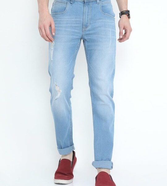 Men’s Blue Washed Slim Fit Distressed Jeans