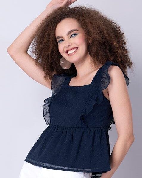 Blue Frilled Sleeve Back Tie Top | blue frilled top