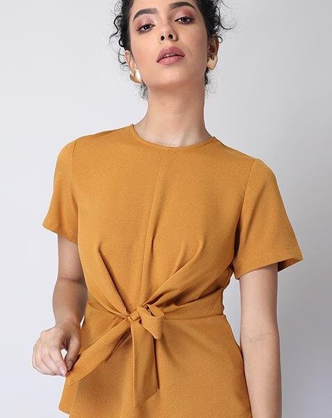 Mustard Knotted Wrap Top | mustard wrap top