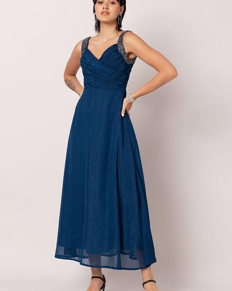 Blue Gathered Embellished Strap Maxi Dress