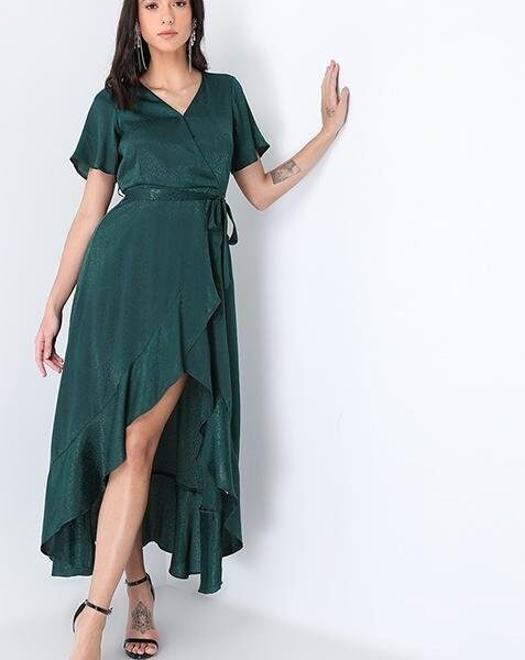 Green Self Design Wrap Ruffled Belted Midi Dress
