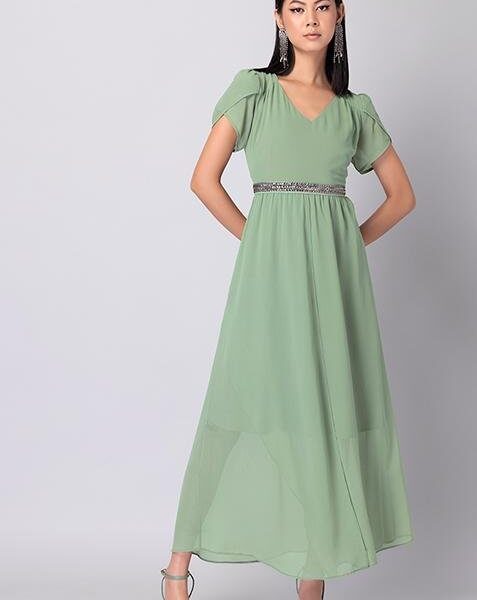 Green Tulip Sleeve Maxi Dress With Embellished Belt