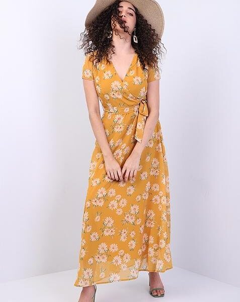 Mustard Floral Wrap Self Fabric Dress
